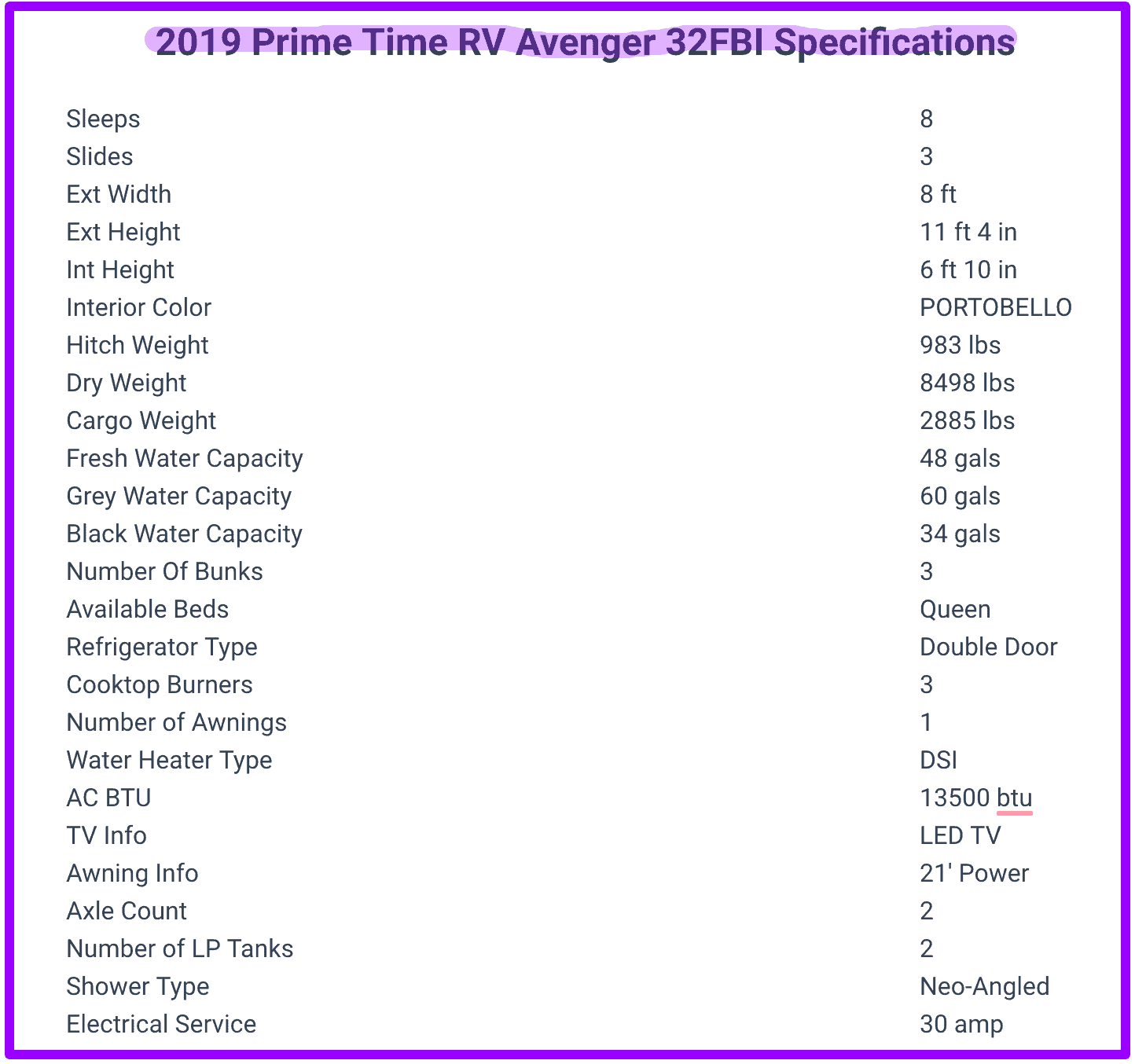2019 Prime Time RV Avenger 32FBI specifications