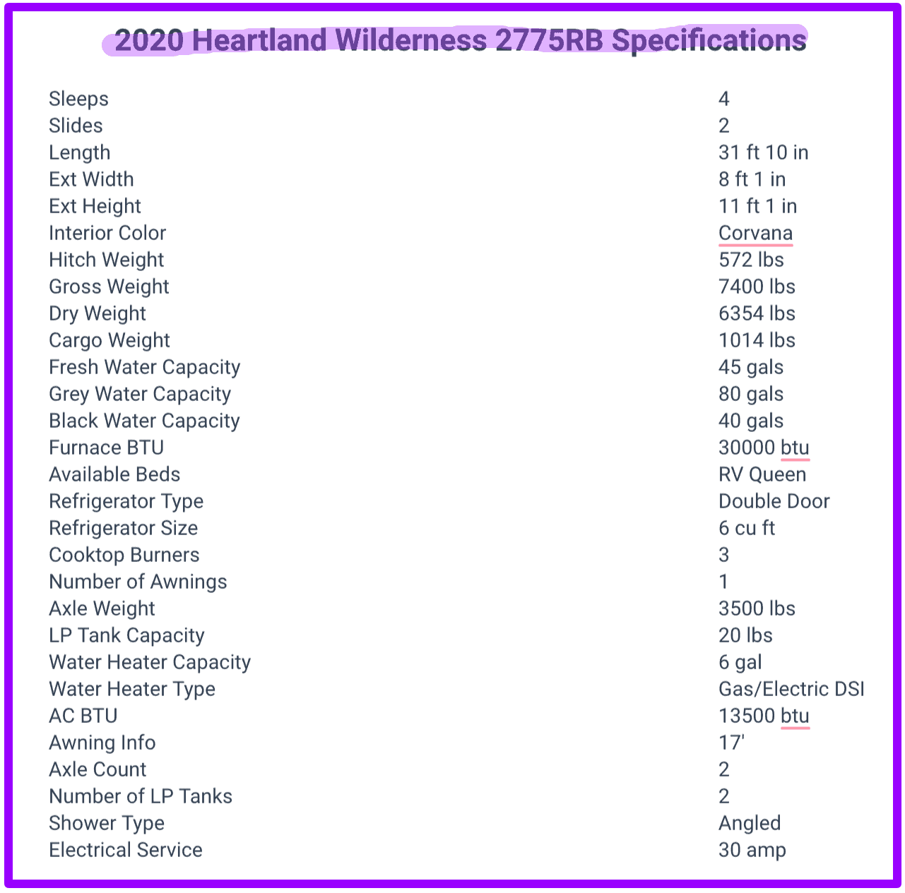 2020 Heartland Wilderness 2775RB specifications