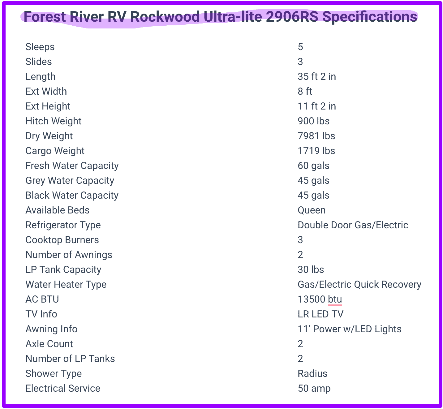Forest River RV Rockwood Ultra-lite 2906RS specifications