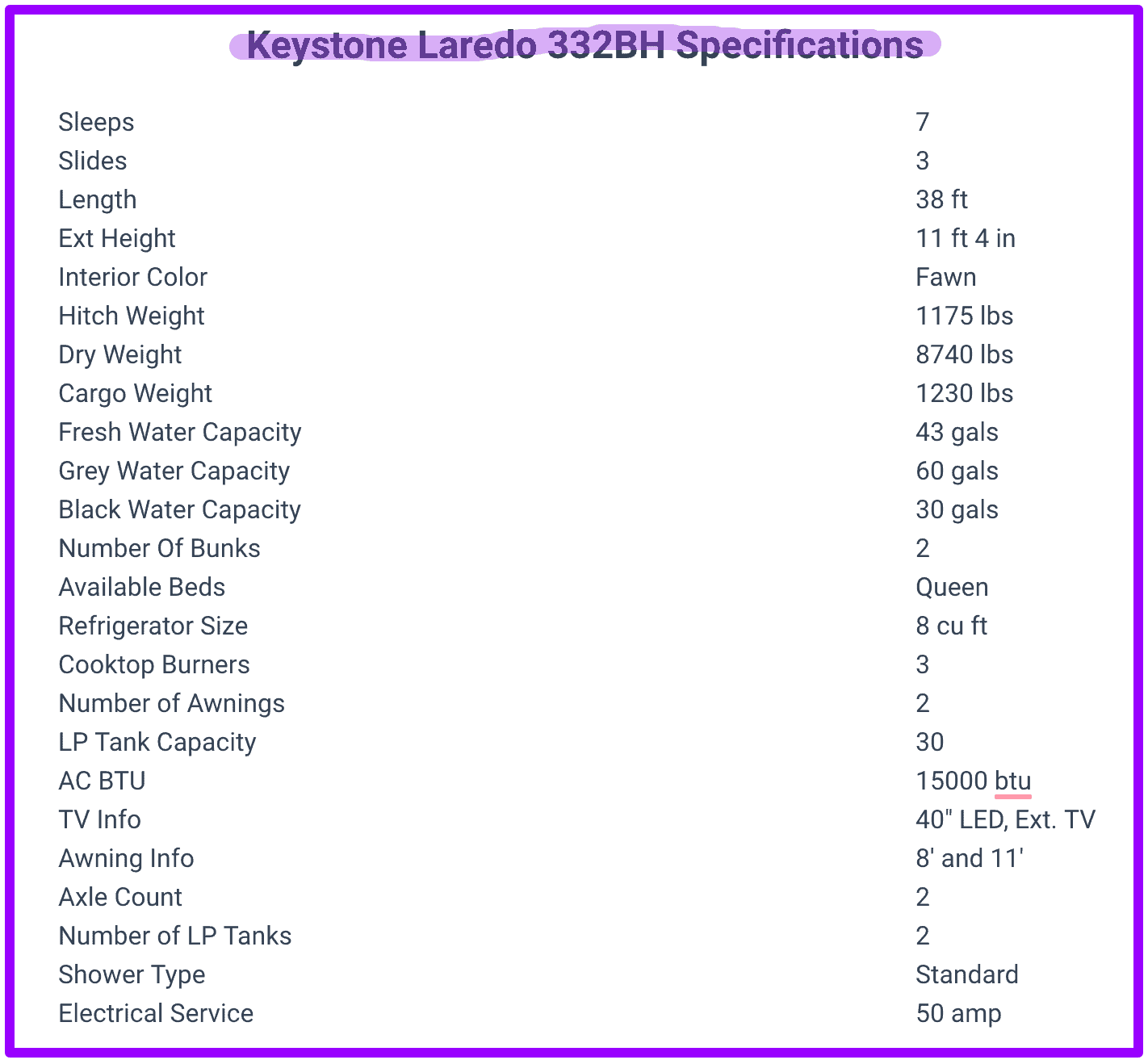 Keystone Laredo 332BH specifications