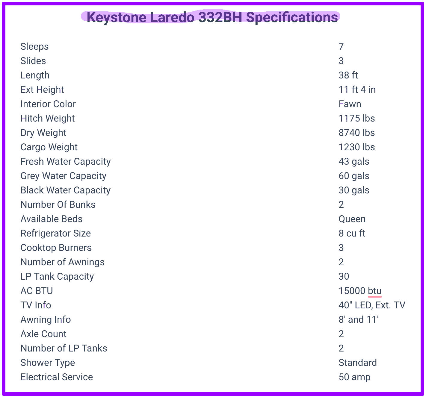 Keystone Laredo 332BH travel trailer specifications