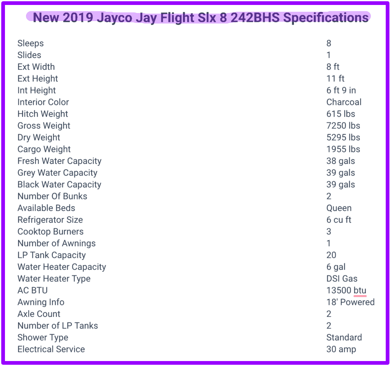 New 2019 Jayco Jay Flight Slx 8 242BHS specifications