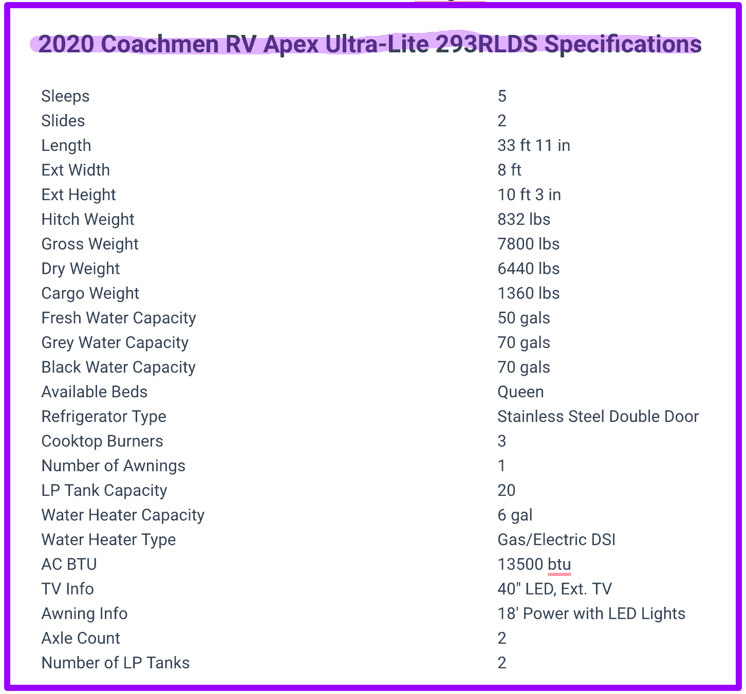 New 2020 Coachmen RV Apex Ultra-Lite 293RLDS specifications